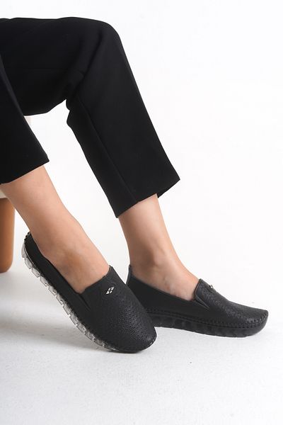 Shu Mhu Genuine Leather Black Women's Daily Loafer Orthopedic Perforated Silicone Sole Comfortable Soft Women's Shoes