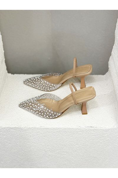 NUR KARACA 25Y3246 Pearl Embroidered Transparent Open Back Elastic 9cm Heel Stiletto Shoes for Women