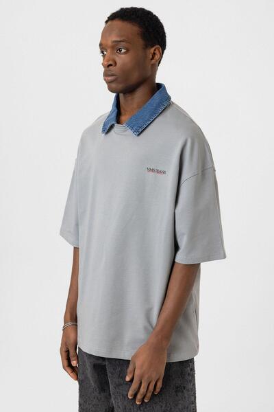 VAMOSCLO Λεπτομερές μπλουζάκι oversized με λαιμόκοψη πόλο σε γκρι χρώμα