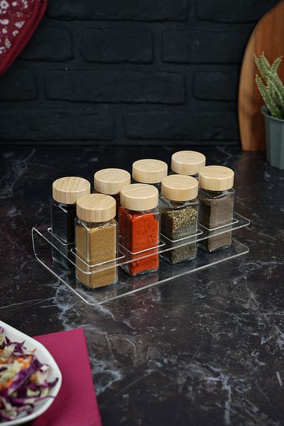 Etka Dizayn Eron 105 Cc Set of 8 Two Row Spice Rack – Bamboo Lid, 3 mm Plexi Stand