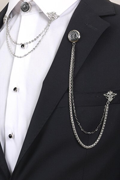 Esgue Gümüş Renk Desenli Yaka Broş Seti – 3 Parça Zincirli Takım Elbise Gömlek Yaka Seti (BRS17)