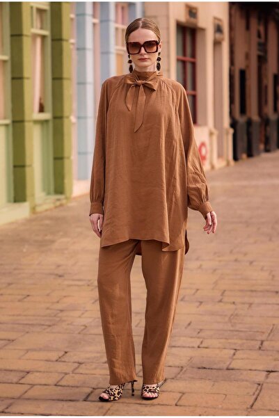 Yaqa Rayon Aruba Pantolonlu Takım - Kahve