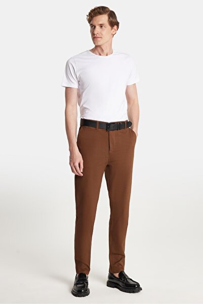 Tudors Erkek Slim Fit Chino Esnek Yandan Cepli Önü Fermuarlı Pamuklu Dokulu Kahverengi Pantolon