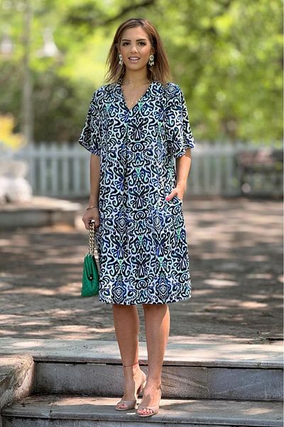 Nevin Kaya Moda Πουκάμισο με μοτίβο Navy Blue Hitite Φόρεμα 100% βαμβακερό βισκόζη