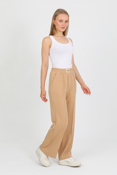 PASTELASTORE Beige Elastic Waist High Waist Wide Leg Palazzo Women's Comfortable Fabric Trousers 2373