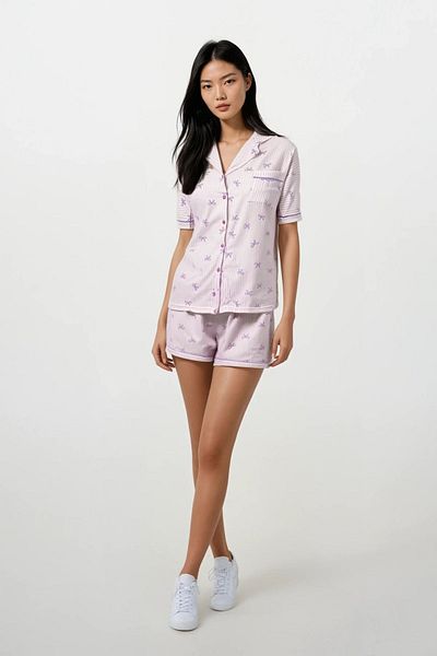 Ecrou Set de pijamale pentru femei, cu model de fundă liliac, cu guler pentru bebeluși