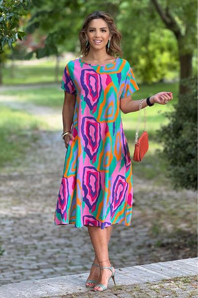 Nevin Kaya Moda Pink Amethyst Pattern Cotton Dress