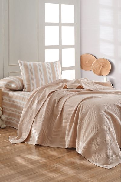 Eponj Home Sheet Pique Set Single 100% Cotton 3 Piece Soft Striped Patterned Beige – Weave Series