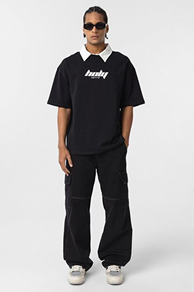 VAMOSCLO Polo Yaka Oversize Baskılı Tişört Siyah