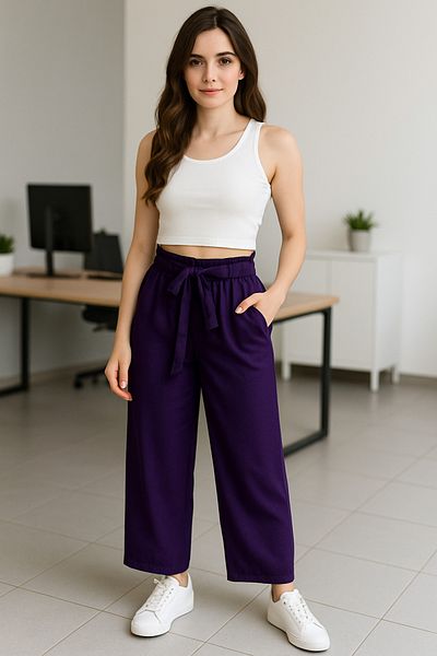 Hayalet Special Design Elastic Waist Side Pockets Wide Leg Linen Trousers - M/Xl