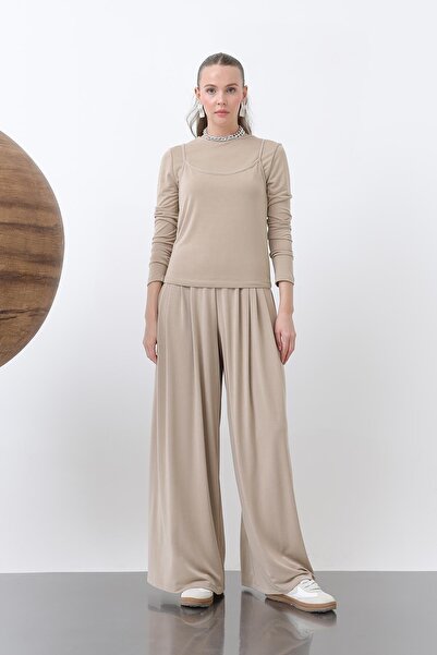 Soul Women's Basic Elastic Waist Loose Trousers -32238Pnt - Beige