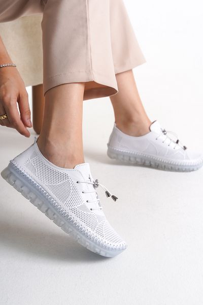 Shu Mhu Genuine Leather White Lace-Up Laser Embroidered Orthopedic Silicone Sole Comfortable Soft Women's Shoes