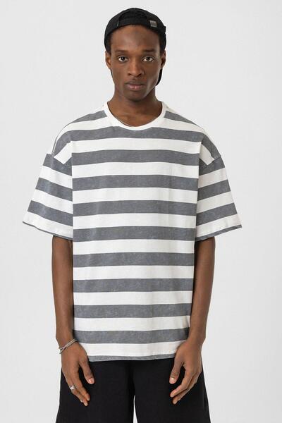 VAMOSCLO Πλενόμενο ριγέ μπλουζάκι oversized Γκρι - Λευκό