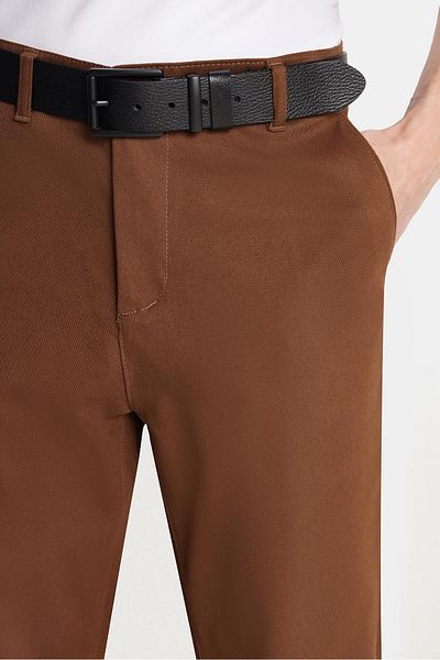 Tudors Men's Regular Fit Chino Stretch Side Pockets Front Zipper Cotton Textured Brown Trousers