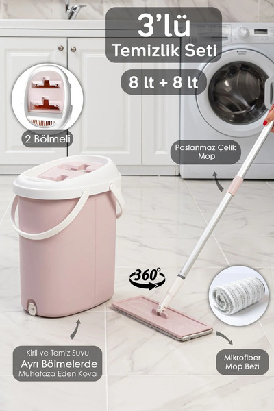 Meleni Home Mop Temizlik Seti - Bölmeli Su Kovası Yüzey Temizlik Mikrofiber B...