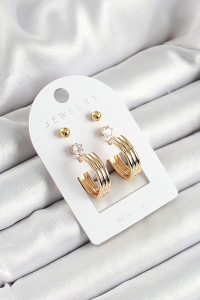Store Gold Color 3-Piece Double Women's Earring Set with Brass Zircon Stone and Ring Figure