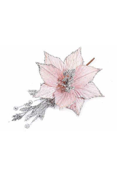 Decorer Artificial Christmas Flower in Pink with Silver Glitter, 28 cm
