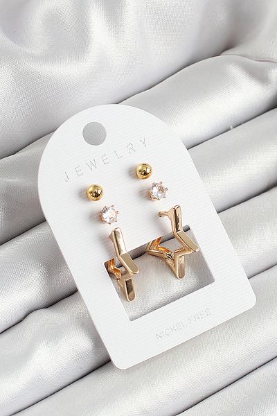 Mu Art Ahşap Gold Color 3-Piece Double Women's Earring Set with Brass Zircon Stone and Star Figure