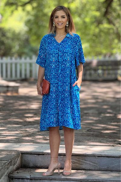 Nevin Kaya Moda Rochie albastră cu model Hitit cu guler de cămașă 100% bumbac viscoză