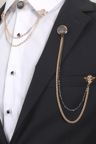Esgue Siyah Desenli Gold Yaka Broş Seti – Zincirli 3’lü Erkek Aksesuar (BRS13)