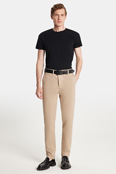 Tudors Erkek Regular Fit Chino Esnek Yandan Cepli Önü Fermuarlı Pamuklu Dokulu Bej Pantolon