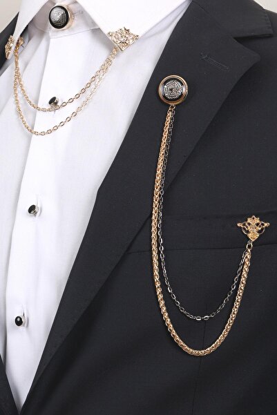 Esgue Siyah Desenli Gold Yaka Broş Seti – 3 Parça Zincirli Erkek Yaka İğnesi ...