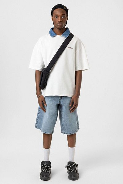 VAMOSCLO Polo Neck Text Detailed Oversize T-Shirt Ecru
