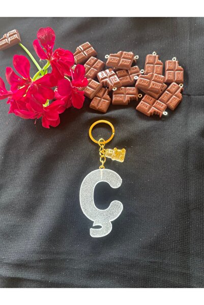 Bellinzona Silver Glitter Teddy Bear Detailed Letter C Keychain and Bag Charm