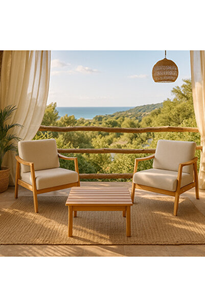 Zem Favela Bohem Çay Seti Natürel Ahşap, Kırık Beyaz (2 ADET TEKLİ BERJER 1 ADET SEHPA)