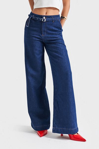 its basic Women's Indigo Color 7S5-50/1 Wide Leg Fit Belt Detailed Viscon Fabric 100% Cotton Denim Jean