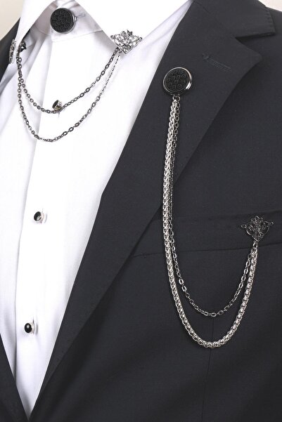 Esgue 3’lü Siyah Desenli Erkek Yaka Broş Seti – Zincirli Ceket ve Gömlek Aksesuarı (BRS05)