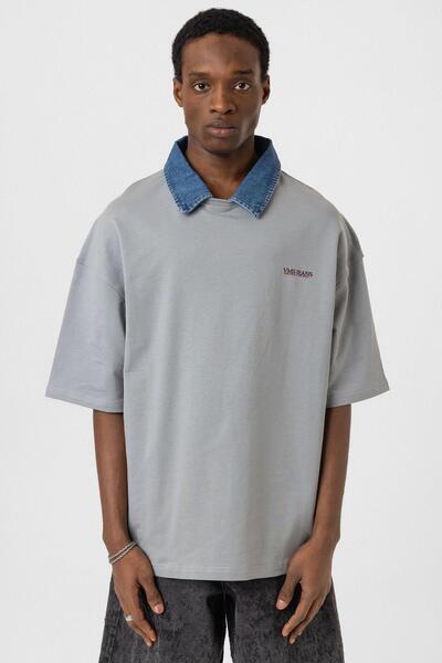 VAMOSCLO Λεπτομερές μπλουζάκι oversized με λαιμόκοψη πόλο σε γκρι χρώμα