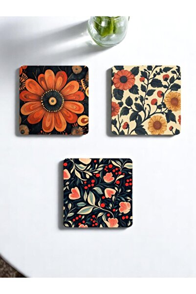 lili hediyelik Flower Pattern Printed 3-Piece Adf Coasters