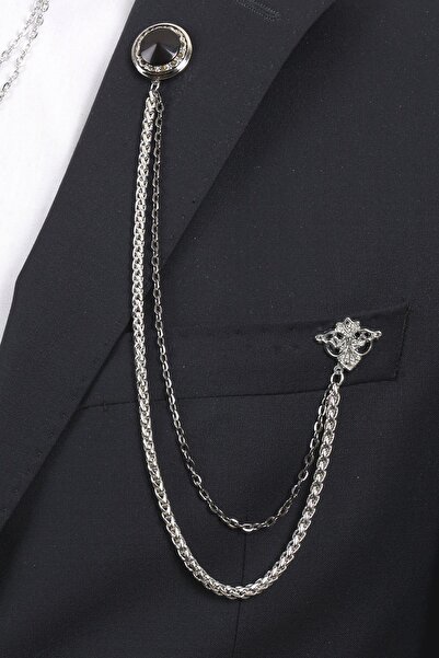 Esgue Gümüş Renk Siyah Taş Desenli Yaka Broş Seti – 3 Parça Zincirli Takım Elbise Aksesuar Seti (BRS