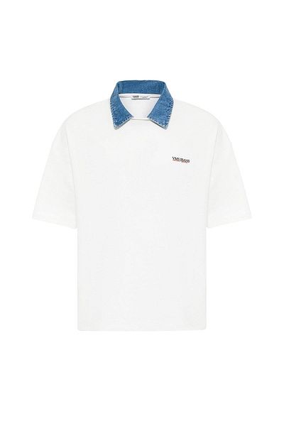 VAMOSCLO Polo Neck Text Detailed Oversize T-Shirt Ecru