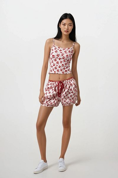 Ecrou Women's Ecru Cherry Patterned Rope Strap Top Shorts Pajama Set