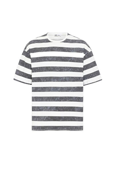 VAMOSCLO Πλενόμενο ριγέ μπλουζάκι oversized Γκρι - Λευκό