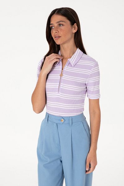 U.S. Polo Assn. Women's Lilac Striped Polo Neck T-Shirt 50300774-Vr034