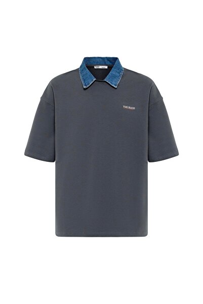 VAMOSCLO Μπλουζάκι με λεπτομέρεια κειμένου στο γιακά πόλο oversized καπνιστό