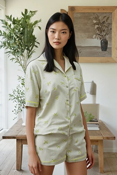 Ecrou Γυναικείο Σετ Πιτζάμες με Πράσινο Φιόγκο με μοτίβο γιακά μωρού