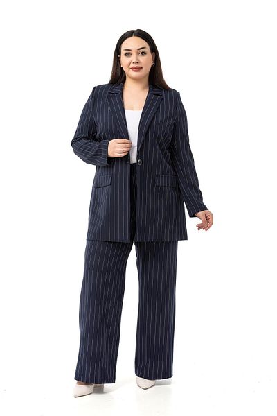 DISENTIS MODEST Plus Size Striped Navy Blue Jacket Pants Double Suit