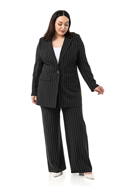 DISENTIS MODEST Plus Size Striped Black Jacket Pants Double Suit