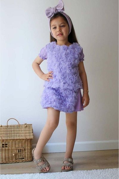 Canlook Rose Detailed Tulle Shorts Skirted Girl's Bottom-Top Set