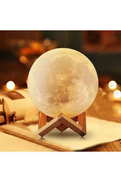 varioshop VarioShop® night light, 3D moon model, 12 lighting modes, wooden base, USB charging, 18 cm