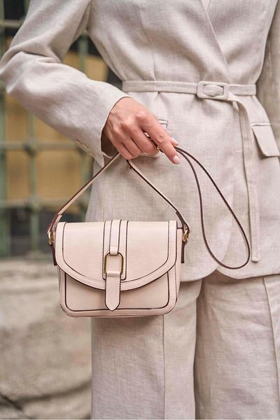 Madamra Cream Women's Buckle Leather Look Mini Hand and Shoulder Bag