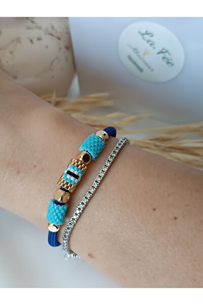 La fee aksesuar سوار Miyuki محبوك يدويًا للنساء من الخرز الأزرق الداكن بتصميم...