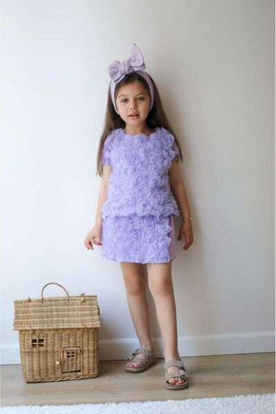 Canlook Gül Detaylı Tül Şort Etekli Kız Çocuk Alt- Üst Takım