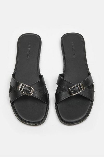 NILUFARR Mazzeo Black Genuine Leather Women's Slippers