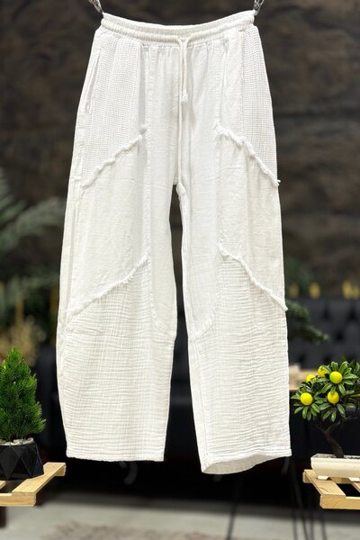 sahnemoda Tasseled Wide Leg Linen Trousers with Pocket Mesh Detail