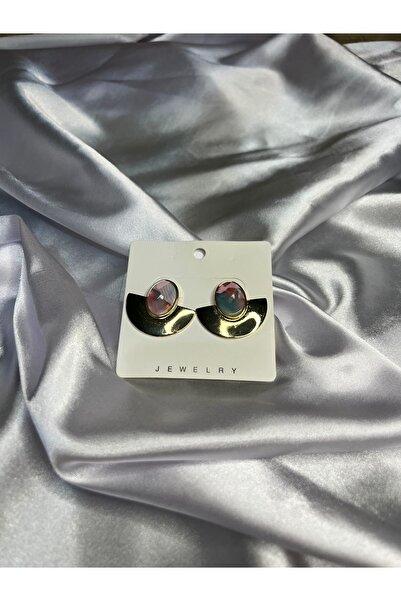 Fam&Co Jewelry Altın Renk Yarım Ay Detaylı Renkli Taşlı Modern Küpe